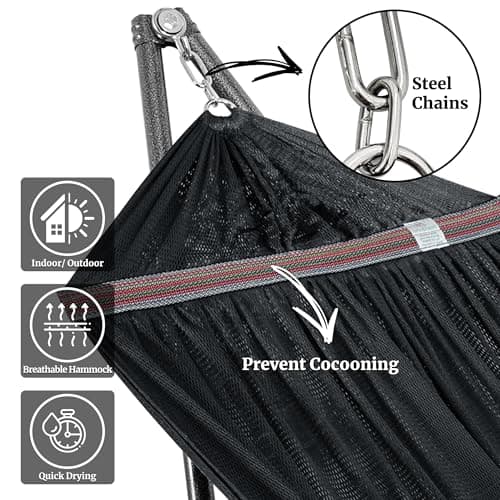 Tranquillo Hammock Stand 600 lbs Capacity, Instant 20s Foldable, 3-Year Warranty Hammock with Stand, 2 Person Camping Revolutionary Portable No Screws, Premium Hammocks, Black