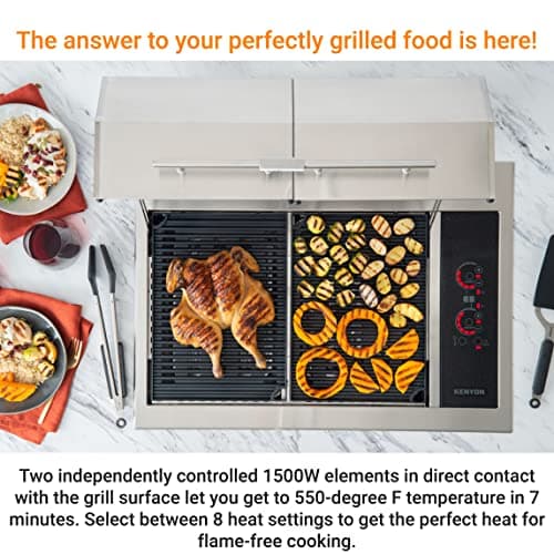 Kenyon Texan Built-In Electric Grill for Stone Counter, Standard Lite-Touch, Stainless Steel Grill with Split Lid for Indoor and Outdoor Use, 2 Burners, Quick Heat Up, Dishwasher Safe Grate, 240V
