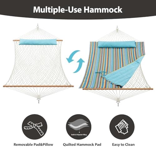 Outdoor Double Hammock with Hardwood Spreader Bars, Cotton Rope Hammock with Polyester Pad and Pillow, 475 LBS Capacity 2 Person Hammock, Large Hammock for Patio Backyard Poolside - Bule Stripe