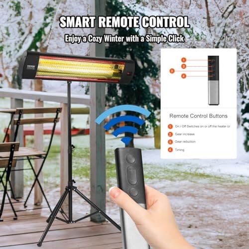 VEVOR Infrared Heater, 1500W Remote Control Electric Space Heater, LED Screen Patio Heater w/ 3 Speeds & Timer, Outdoor/Outdoor for Porch,Dining Room,Studio, with Stand & Mount to Ceiling/Wall,34in L