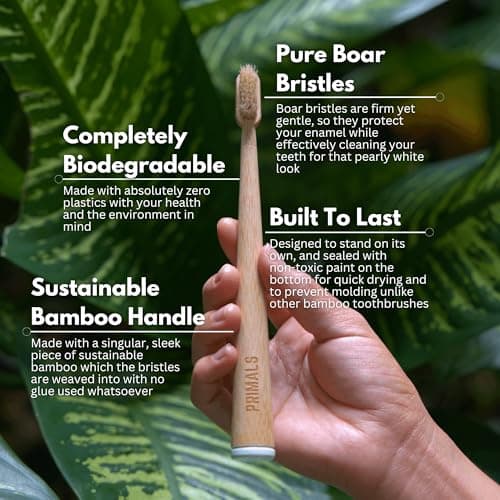 PRIMALS Boar Bristle & Bamboo Toothbrush (4-Pack) - Premium Boar Bristles - Fully Biodegradable - Plastic & Nylon Free - Quick Dry Design