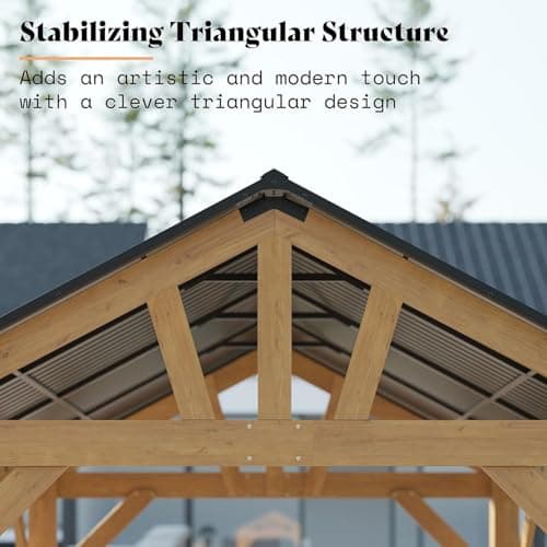 13x15 ft Wood Gazebo, Hardtop Pergola with Steel Gable Roof, Outdoor Gazebo with Guest House for Garden, Porch, Patio, Black + Natural Wood