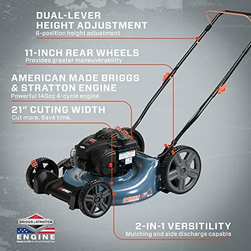SENIX 21-Inch Gas Push Lawn Mower with 140 cc 4-Cycle Briggs & Stratton Engine, Mulching and Side Discharge, 6-Position Dual Lever Height Adjustment (LSPG-M6)