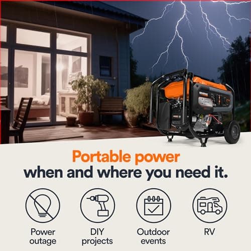 Generac 8,000-Watt Gas-Powered Portable Generator - Electric Start with COsense - PowerRush Advanced Technology - Reliable Power for Emergencies, Recreation, Home - 49 State Compliant - Orange/Black
