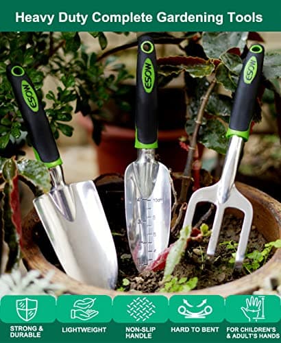 ESOW Garden Tool Set, 3 Piece Cast-Aluminum Heavy Duty Gardening Kit Includes Hand Trowel, Transplant Trowel and Cultivator Hand Rake with Soft Rubberized Non-Slip Ergonomic Handle, Garden Gifts