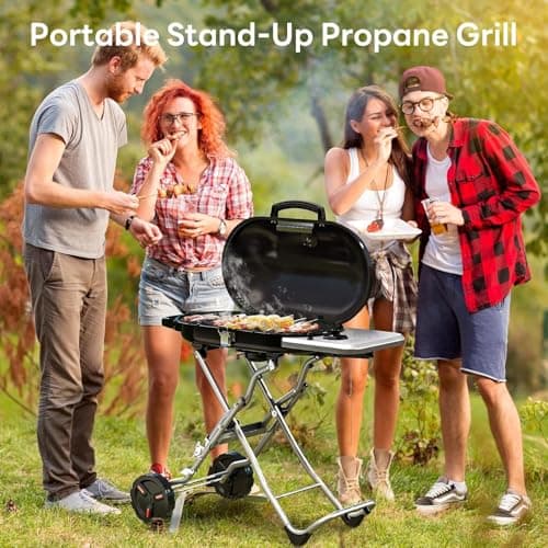 Portable Propane Gas Grill, 15,000 BTU Foldable Outdoor Grill with 348 Sq. In. Grilling Area for Camping, BBQ, Parties, Backyard, Beach Outings
