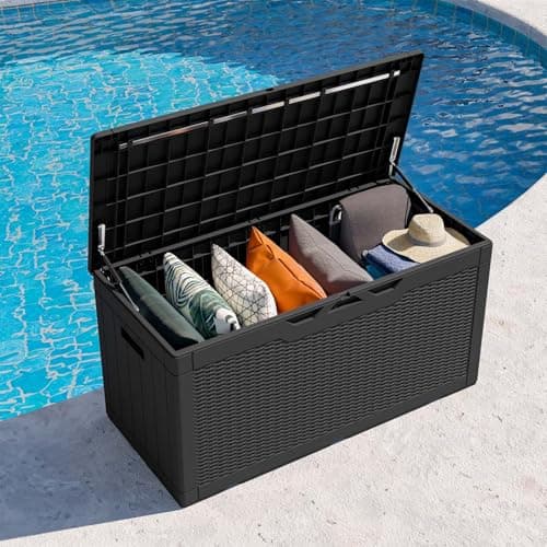 Patiowell 100 Gallon Resin Deck Box, Waterproof Large Outdoor Storage Box for Patio Furniture and Garden Tools, Black