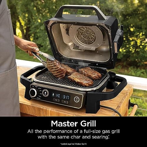 Ninja OG701 Woodfire Outdoor Grill & Smoker 7-in-1 Air Fryer Bake Roast Broil uses Woodfire Pellets(1 Pack Included) Portable, Electric, Grey(Renewed)