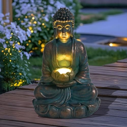 Solar Buddha Statue Outdoor Lights - Waterproof Garden Statue with Lotus, Meditation Zen Spiritual Room Decor for Yard, Patio, Buddha Statue for Home Garden Decor Indoor