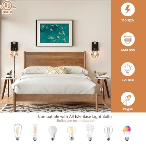 Plug in Wall Sconces Set of Two, Vintage Wood Wall Lamps with Plug in Cord, Farmhouse Wall Light Fixture with 5.25FT On/Off Switch Cord, Indoor Wall Lamp for Bedroom Living Room