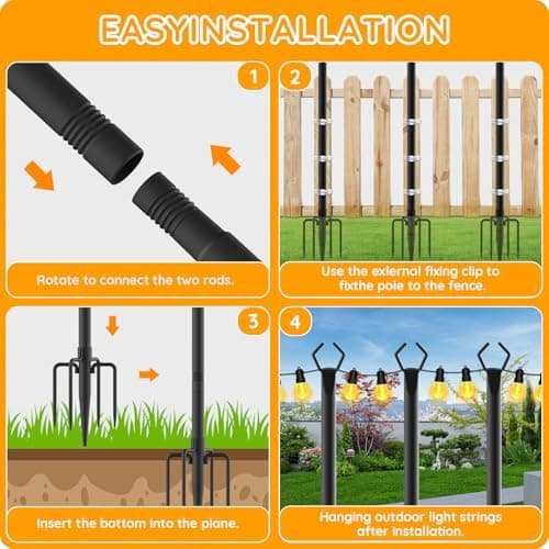 6 Pack String Light Poles, Outdoor String Light Pole 10ft Forked Metal Light Pole with Adjustable Outdoor Light Stand, Deck, Backyard, Garden, Wedding, Rustproof and Sturdy with Hooks
