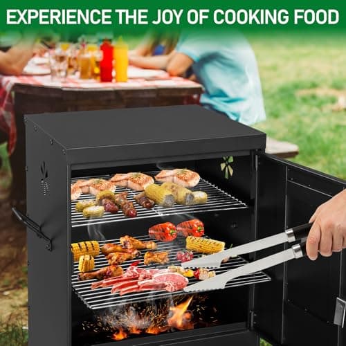 Outvita Outdoor Smoker with Double Doors, Vertical Charcoal Smoker, Outdoors Charcoal Barbeque with 2 Detachable Grill Netting Smoking Racks, Suitable for Lawn Picnic, Backyard BBQ, Black