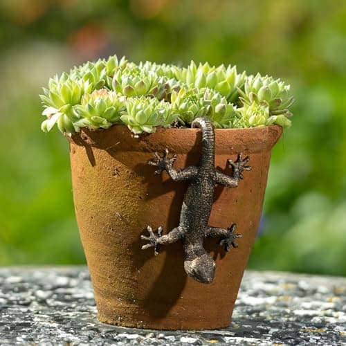 Vintage Bronze Gecko Planter Pot Hugger Flower Figurine – Resin Climbing Lizard Statue for Garden, Fairy Garden Terrarium, Outdoor Fence & Yard Decor，Versatile Home & Office Decor