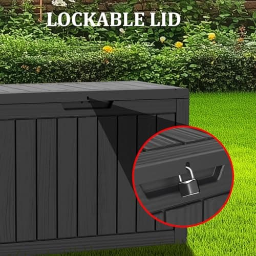 150 Gallon Waterproof Deck Box, Lockable Resin Storage Box for Patio Furniture Cushions Garden Tools and Outdoor Delivery Storage, Black
