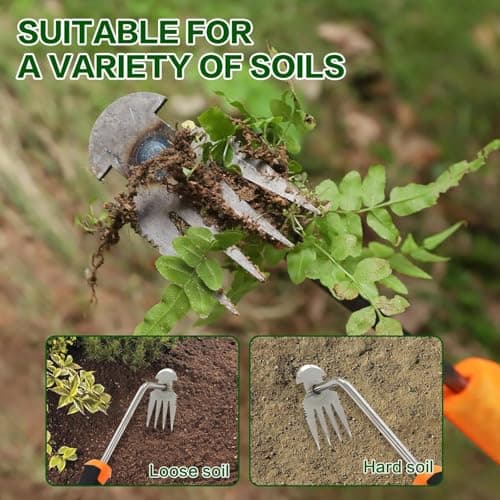 Weed Puller Tool Garden Weeding Pulling Tool– 13” Portable Gardening Weeder, 4 Teeth Manganese Steel Forged Hand Tool for Uprooting Weeds Remover Tool