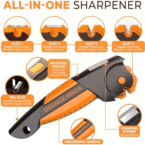 Orange Ninja All-in-1 Garden Tool & Knife Sharpener for Lawn Mower Blade, Axe, Hatchet, Machete, Pruner, Hedge Shears by Sharp Pebble