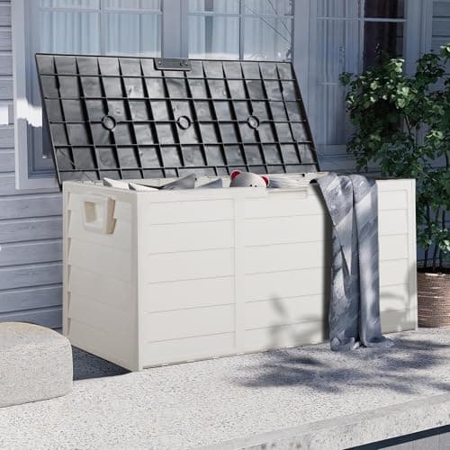 VINGLI Upgraded 75 Gallon Outdoor Storage Box, Lockable Plastic Storage Containers with Lid, Patio Deck Box Furniture for Garden, Pool, Balcony, Yard (White)