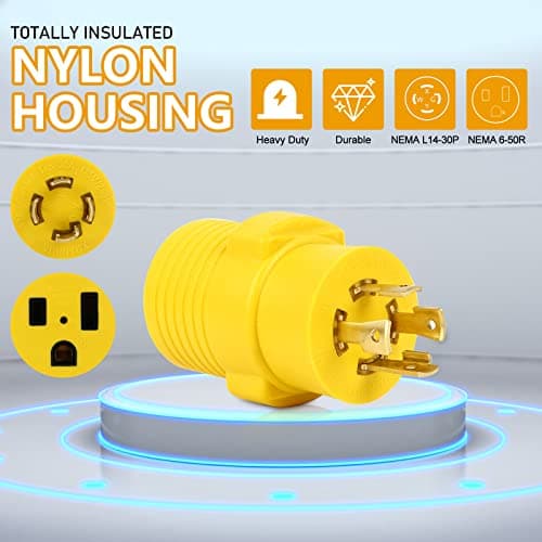 NEMA L14-30P to 6-50R 240V Compact Generator Adapter Connector, 30Amp Twist Lock 4 Prong Male Plug to 3 Prong Female Receptacle Adapter for Welder Generator Dryer EV Charger, Yellow