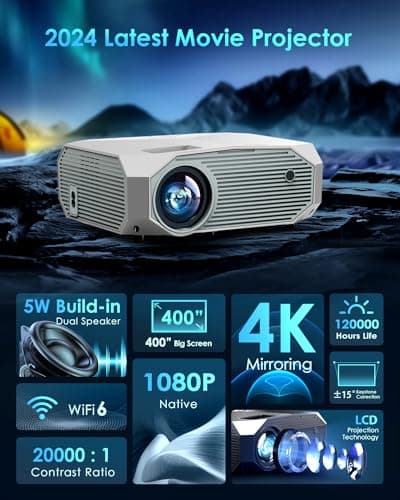 YOWHICK 4K Projector with WiFi and Bluetooth, 20000L Native 1080P Outdoor Portable Movie Projector, Smart Video Projector, 50% Zoom/400" Display, Compatible with HDMI/USB/PC/TV/PS5/DVD/Android/iOS