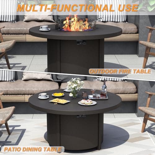 Kurapika Propane Round Fire Pit Table 48in, 40,000 BTU Auto-Ignition Round Gas Fire Pits, CSA Certification, Wider Desktop Round Fire Tables with Windshield, Blue Stone and Lid, for Outside Patio