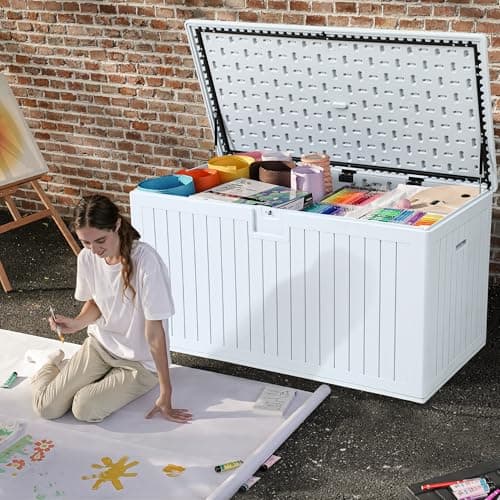 DWVO 230 Gallon Double-Wall Deck Box with Divider, XXL Extra Large Resin Outdoor Storage Box, Lockable & Waterproof, Double as Seating, 1000lbs Capacity (Grayish-White)
