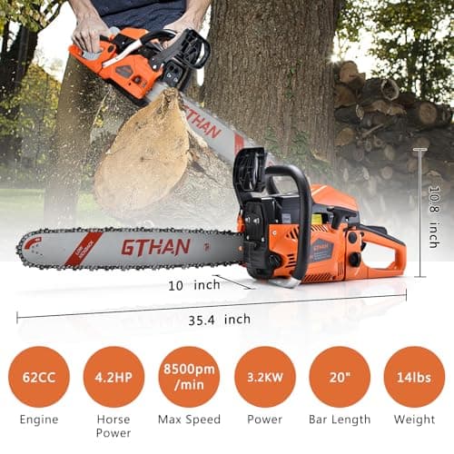 Gas Chainsaw 62cc 20 Inch Chain Saw 2-Stroke Chainsaw Gas Powered 4.2hp Handheld Cordless Petrol Gas Chain Saws for Trees Wood Farm Garden Ranch Forest Cutting