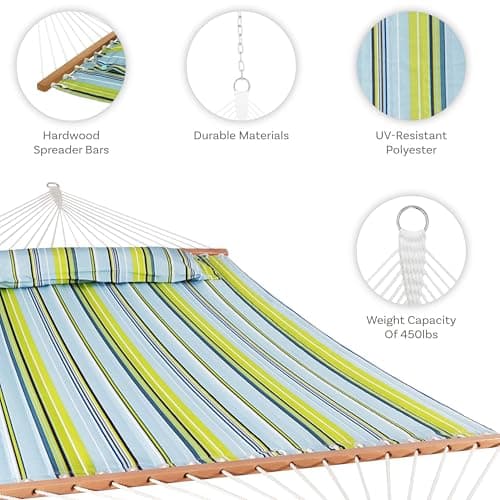 Sunnydaze Quilted Outdoor Hammock with Spreader Bars - Heavy-Duty 450-Pound Capacity Double Hammock for Outside - Blue and Green