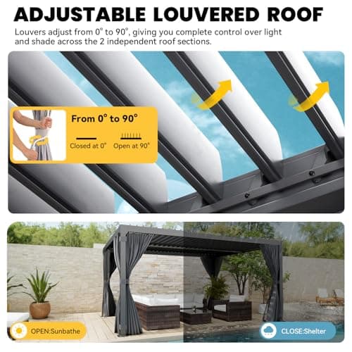 Louvered Pergola 10x12ft, Adjustable Aluminum Pergola with Waterproof Curtains and Nets, Sun & Rain Shade for Patio, Modern DIY Outdoor Living Upgrade, Dark Grey