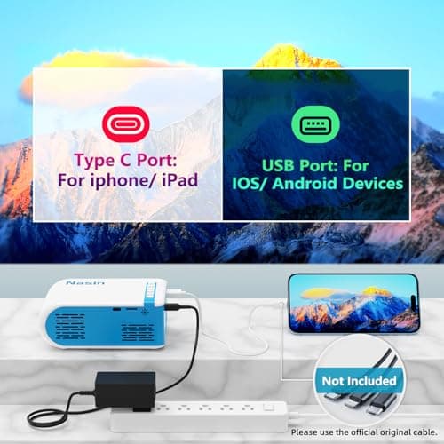 Nasin Mini Projector, 1080P Supported Portable Movie Projector, Home Theater and Outdoor Use, Compatible with IOS, Android, Tablet, Laptop, TV Stick, Type C, USB & HDMI, Bluetooth Proyector