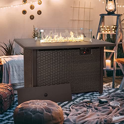 Patio Furniture Set with Fire Pit Table, 6PCS Outdoor Conversation Sets Waterproof Rattan Sectional Sofa with 4” Thickened Cushion Modular Wicker Patio Furniture Set with Glass Top Table (Grey)