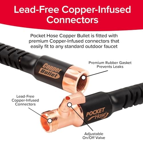 Pocket Hose Copper Bullet Expandable Garden Hose 50 FT w/10 Pattern Thumb Spray Nozzle AS-SEEN-ON-TV 650psi 3/4 in Patented Lead-Free Ultra-Lightweight Solid Copper Anodized Aluminum Fittings No-Kink
