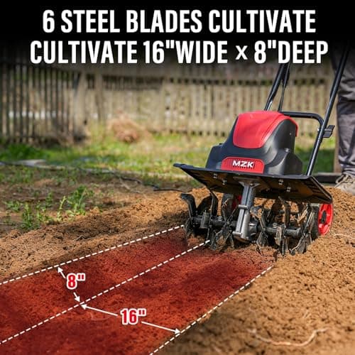 MZK 16-Inch 13.5-Amp Corded Electric Tiller/Cultivator, 8-inch tillling Depth with Adjustable Wheels, Foldable Electric Rototiller for Garden Soil Digging