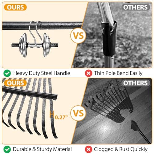 Rake, Garden Leaf Rakes for Lawns Heavy Duty, Yard Metal Rake Tools with 9" Small Narrow Rake Head, 65” Adjustable Long Handle, 11 Steel Tines, Quick Clean up Rake for Shrub, Flower Bed, Camping