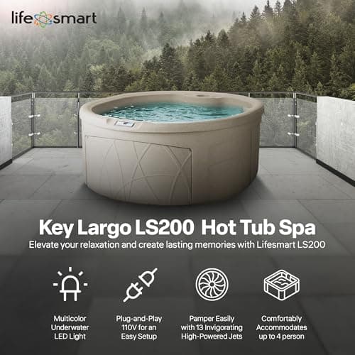 LifeSmart 4-Person Hot Tub, Outdoor Spa with Cover and LED Lights, Circular, Beige - Above-Ground Spa Machine with Accessories for Home and Personal Relaxation