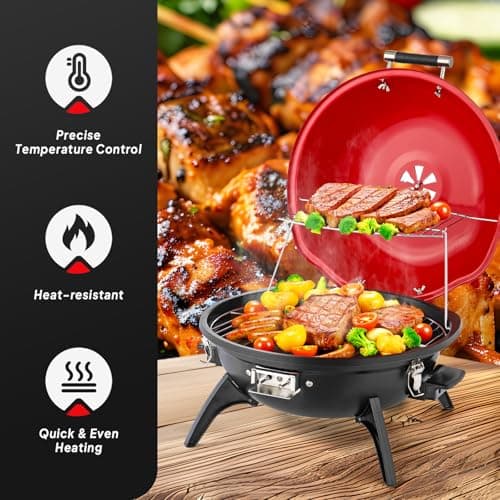 ROVSUN Tabletop Electric Grill with Temperature Control, Double Layer Design, 304 stainless, Portable Removable -Perfect Small Stove for Indoor and Outdoor BBQ, 1600W, Red