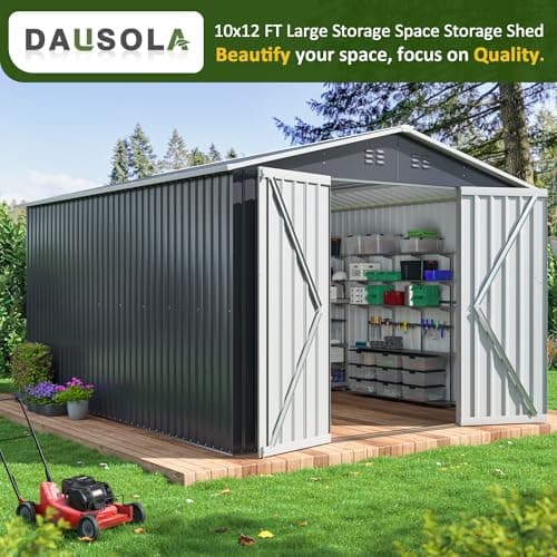 10x12 FT Outdoor Storage Shed, Metal Garden Tool Shed with Updated Frame Structure and Lockable Doors, Ideal for Garden Backyard Patio Lawn, Grey