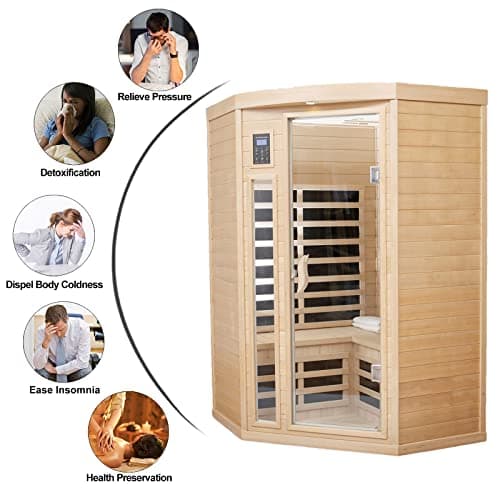 Far Infrared Sauna Low EMF Wooden Saunas for Home, 2-3 Person Indoor Home Saunabox, 1600watt Canadian Hemlock Sauna Room with Bluetooth, LCD, 10 Minutes Pre-Warm up