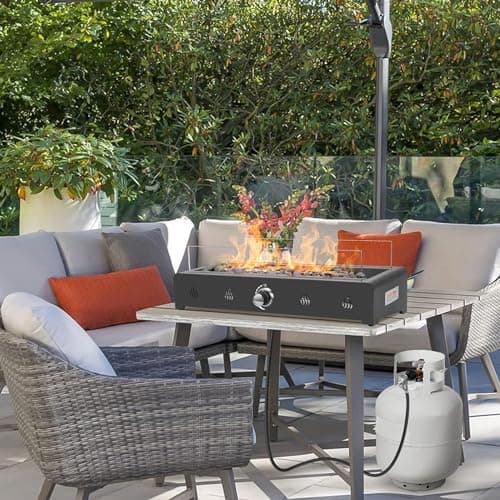 Onlyfire 28'' Tabletop Fire Pit Table, Propane Gas Firepit with Bottom Air Intake, Glass Wind Guard and Lava Rock, Outdoor Rectangular Smokeless Fireplace