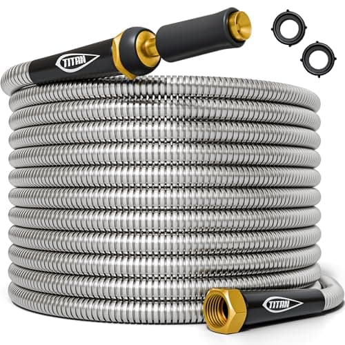 TITAN Garden Hose 25FT - 304 Stainless Steel Metal Water Hose, Flexible, Kink-Free, Lightweight, Durable, Crush Resistant Fittings, Easy to Coil, 500 PSI