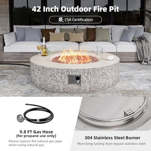 UPHA 42-inch Outdoor Propane Gas Fire Pit Table 50000 BTU Concrete Rectangle FirePit for Outside Patio with Propane Tank Cover, Wind Guad, Lava Rocks, Rain Cover, Beige Texture