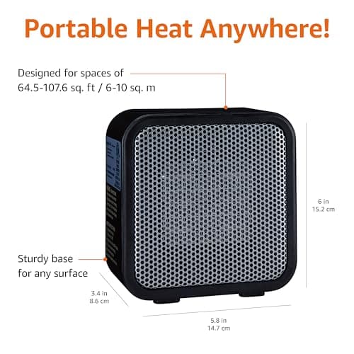 Amazon Basics Ceramic Space Heater, Mini Heater for Office Desk, Portable Tent Heater for Camping (Indoor Use), 500 W, With Tip-Over Protection, Lightweight (1.4 LBS), Black, 5.8"D x 3.4"W x 6"H