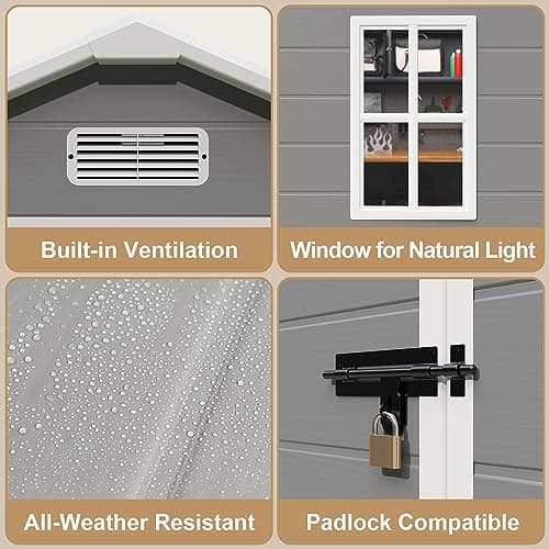 Gizoon 6x4.4 FT Resin Outdoor Storage Shed, Heavy-Duty Weather-Resistant Plastic Garden Shed with Floor for Patio Furniture, Gardening Tools, Lawn Equipment, Lockable Door, Easy Assembly, Grey