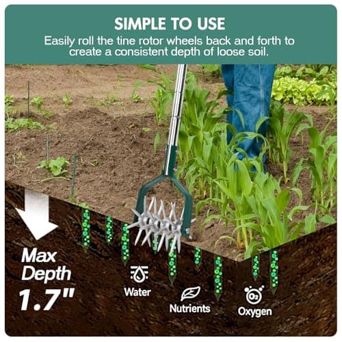 Rotary Cultivator Tiller Adjustable S/S Handle Rotary Tiller with Detachable Solid Metal Tines Garden Cultivator Lawn Tiller and Manual Tiller for Loosing and Mixing Soil