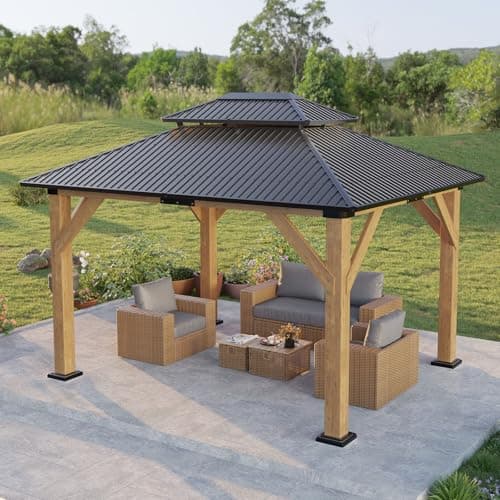 10x12 Wood Gazebo, Hardtop Outdoor Gazebo with Aluminum Double Roof, Outdoor Wooden Pavilion for Parties, Backyard, Patio, Lawns, Black + Natural Wood
