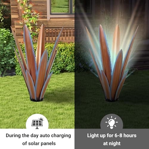 24'' Metal Agave Plant Art Yard Solar Garden Decor, Large Tequila Rustic Sculpture Statue Outdoor Decorations with Solar Light, Courtyard Yard Ornament, Tequila Rustic Country Sculpture for Patio Lawn