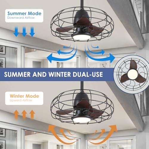 Outdoor Waterproof Ceiling Fan - 20" Caged Ceiling Fans with LED Lights, Reversible AC Motor, Low Profile Industrial Fan Light Fixture, Plug In with Hook Ceiling Fan for Outdoor Patios, Gazebo