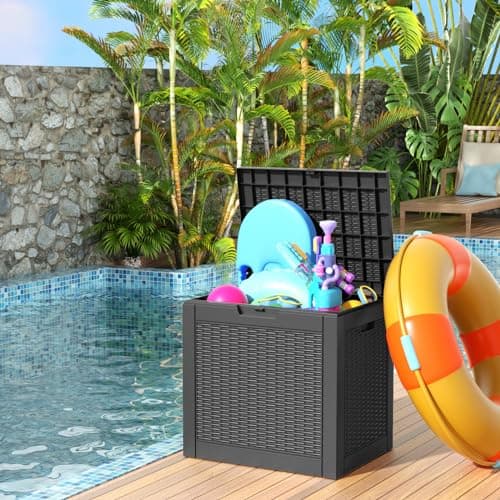 30 Gallon Resin Deck Box, Lockable Patio Outdoor Storage Box for Furniture, Garden Tools and Tools Storage, Waterproof Outside Storage Boxes - Black