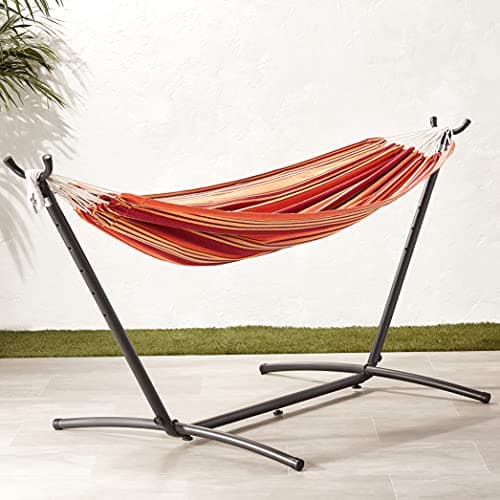 Amazon Basics 2 Person Heavy Duty Double Hammock with 9-Foot Space Saving Steel Stand and Carrying Case Outdoor, 450 lb Capacity, Sunset Orange, Stripe, 110 x 47 x 43 Inches