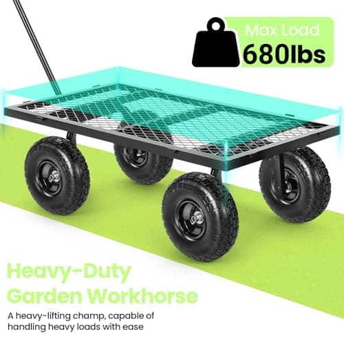 Homdox Steel Garden Cart 680 lbs Capacity Heavy Duty Garden Wagons,with Removable Steel Mesh Sides to Convert into Flatbed,Utility Metal Wagon w/ 180°Rotating Handle (Black, 680lbs)
