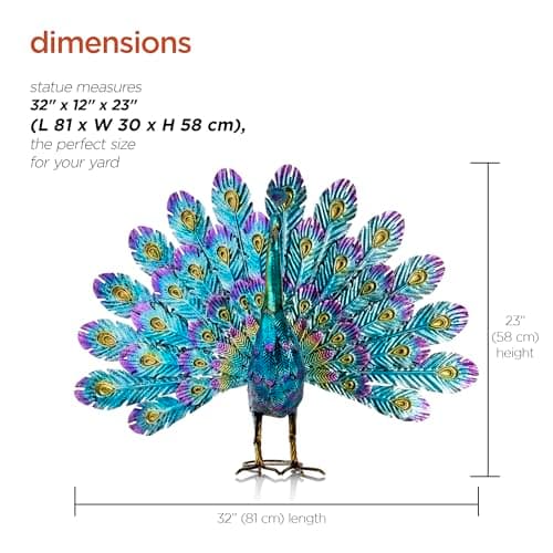 Alpine Corporation - 23" Tall Outdoor Metallic Peacock Tail Spread Yard Statue – Vibrant Garden Sculpture for Patio, Lawn, or Entryway (Multicolor)